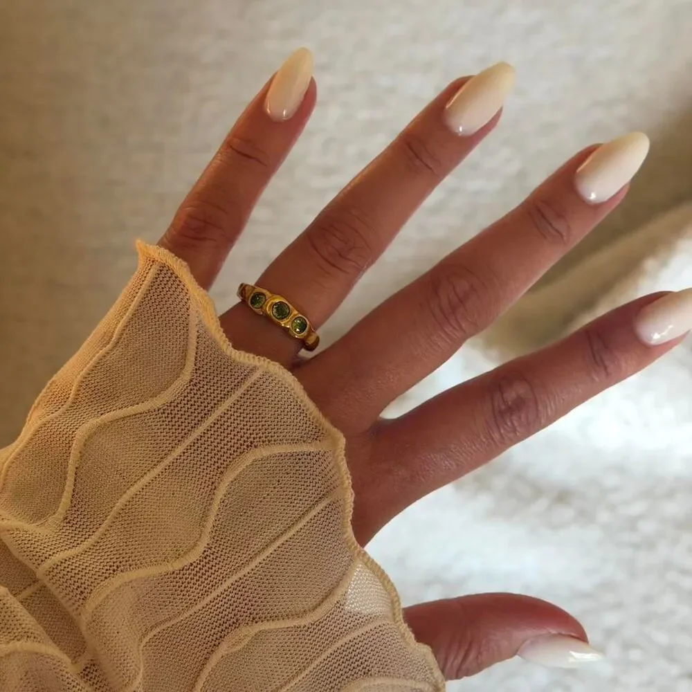 Gold Stainless Steel Green Zircon Three Stone Ring